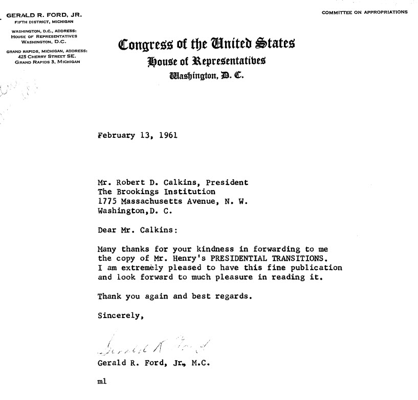 Letter from Gerald R. Ford to Robert Calkins, February 13, 1961