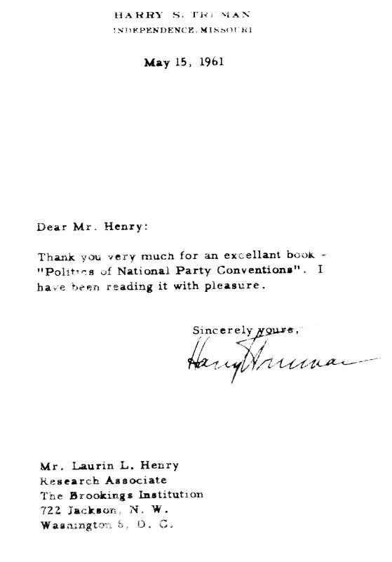Letter from Harry Truman to Laurin Henry, May 15, 1961