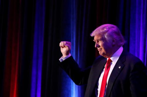 Republican presidential nominee Donald Trump arrives for his election night rally at the New York Hilton Midtown in Manhattan, New York, U.S., November 9, 2016. REUTERS/Andrew Kelly - RTX2SRHN