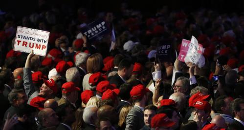 Trump supporters celebrate as election returns come in at Republican U.S. presidential nominee Donald Trump's election night rally in Manhattan, New York, U.S., November 8, 2016. REUTERS/Jonathan Ernst - RTX2SOGT