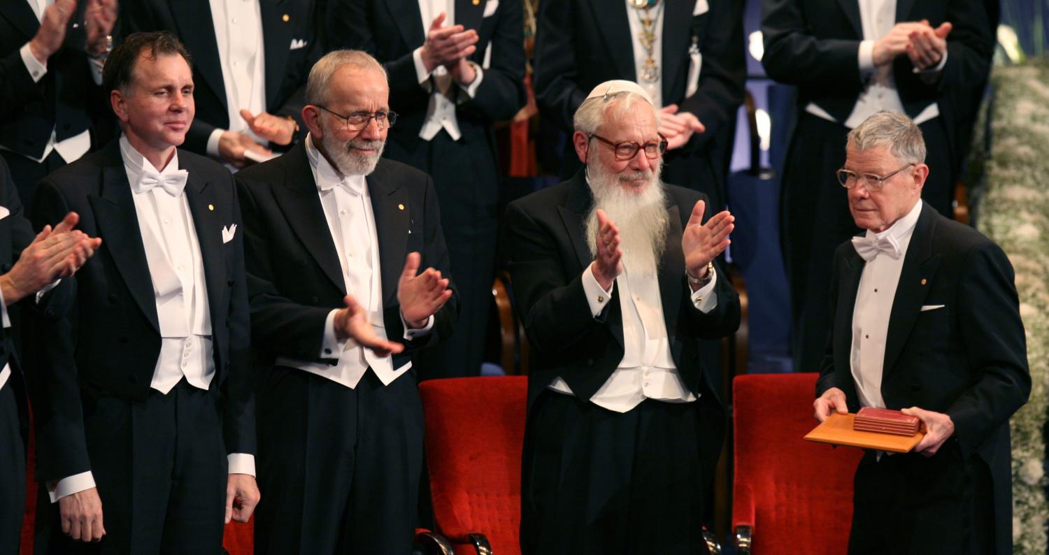 The 2005 nobel laureates (L-R) Barry J. Marshall, J. Robin Warren and Robert J. Aumann applause U.S. Economy nobel laureate Thomas C. Schelling.