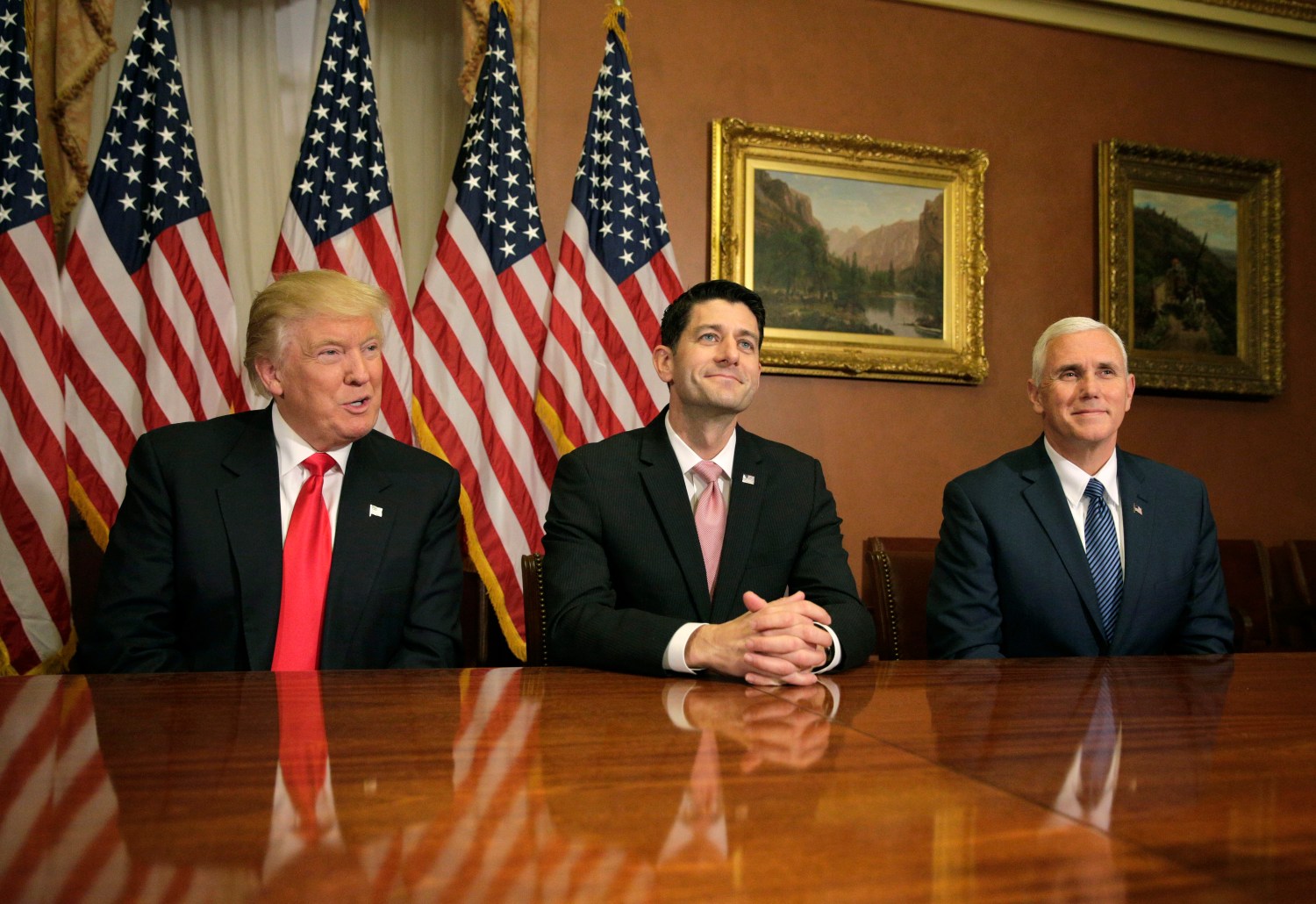 U.S. President-elect Donald Trump meets with Speaker of the House Paul Ryan (R-WI) and Vice-President elect Mike Pence on Capitol Hill in Washington, U.S.