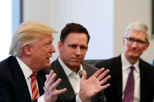 U.S. President-elect Donald Trump speaks as PayPal co-founder and Facebook board member Peter Thiel (C) and Apple Inc CEO Tim Cook look on during a meeting with technology leaders at Trump Tower in New York U.S., December 14, 2016. REUTERS/Shannon Stapleton - RTX2V25H