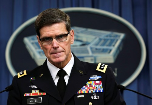 U.S. Army General Joseph Votel, commander, U.S. Central Command, briefs the media at the Pentagon in Washington, U.S. April 29, 2016 about the investigation of the airstrike on the Doctors Without Borders trauma center in Kunduz, Afghanistan on October 3, 2015. REUTERS/Yuri Gripas - RTX2C6NN
