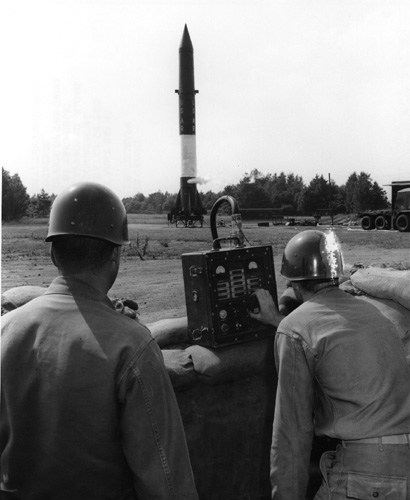 The Redstone missile (seen here at Redstone Arsenal, Alabama, September 9, 1957) was deployed between 1958 and 1964 and carried a nuclear warhead with a yield of either 425 kilotons or 3.8 megatons.