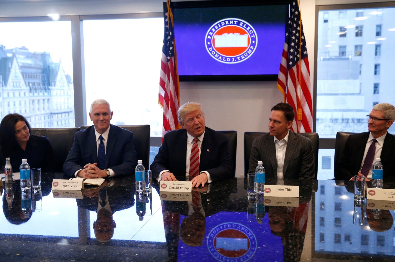 U.S. President-elect Donald Trump sits with business and technology leaders at Trump Tower in New York
