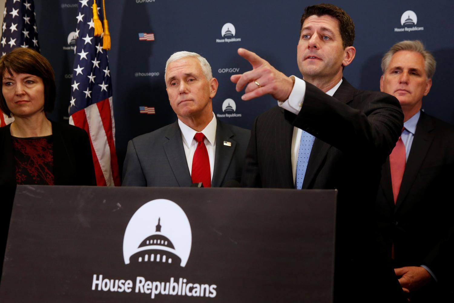 U.S. Vice President-elect Mike Pence (2nd L) joins House Republicans, including Representative Cathy McMorris Rodgers (R-WA) (L), Speaker Paul Ryan (R-WI) (2nd R) and House Majority Leader Kevin McCarthy (R-CA) (R).