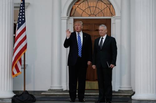 U.S. Presaident-elect Donald Trump stands with retired Marine Gen. James Mattis following their meeting at the main clubhouse at Trump National Golf Club in Bedminster, New Jersey, U.S., November 19, 2016. REUTERS/Mike Segar - RTSSFLD