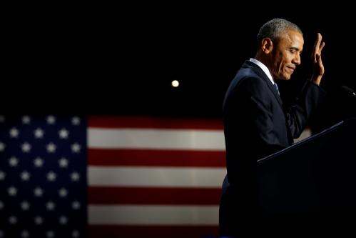 U.S. President Barack Obama delivers his farewell address in Chicago, Illinois, U.S., January 10, 2017. Picture taken January 10, 2017. REUTERS/Jonathan Ernst TPX IMAGES OF THE DAY - RTX2YFD5