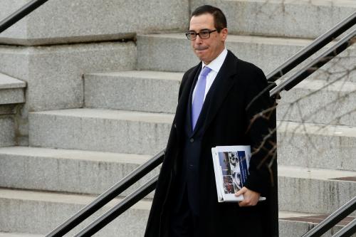 Incoming Trump administration Treasury Secretary nominee Steven Mnuchin departs after working a simulated crisis scenario during transition meetings at the Eisenhower Executive Office Building at the White House in Washington, U.S. January 13, 2017. REUTERS/Jonathan Ernst - RTX2YVEE