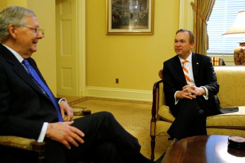 U.S. Representative Mick Mulvaney (R-SC) (R), U.S. President-elect Donald Trump's pick to be director of the Office of Management and Budget (OMB), meets with Senate Majority Leader Mitch McConnell (R-KY) on Capitol Hill in Washington, U.S. January 5, 2017. REUTERS/Jonathan Ernst - RTX2XNWR