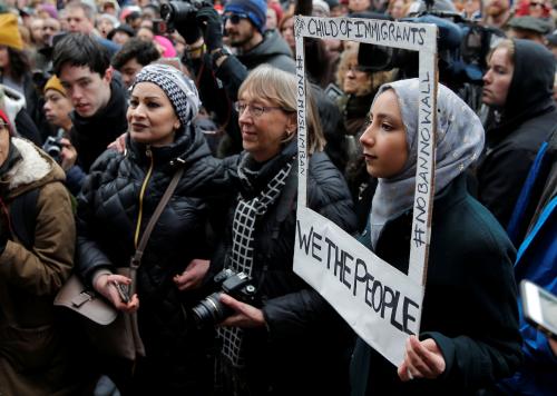 Sarah Ijaz joins the "Boston Protest Against Muslim Ban and Anti-Immigration Orders" to protest U.S. President Donald Trump's executive order travel ban in Boston, Massachusetts, U.S. January 29, 2017. REUTERS/Brian Snyder - RTSXY60