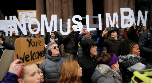 Demonstrators spell out "# No Muslim Ban" during the "Boston Protest Against Muslim Ban and Anti-Immigration Orders" to protest U.S. President Donald Trump's executive order travel ban in Boston, Massachusetts, U.S. January 29, 2017. REUTERS/Brian Snyder - RTSXY8H