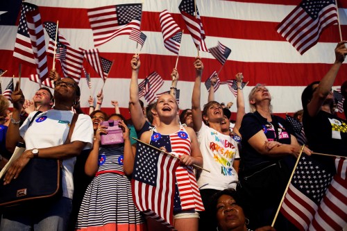 Supporters of Democratic U.S. presidential candidate Hillary Clinton cheer during her California primary night rally held in the Brooklyn borough of New York