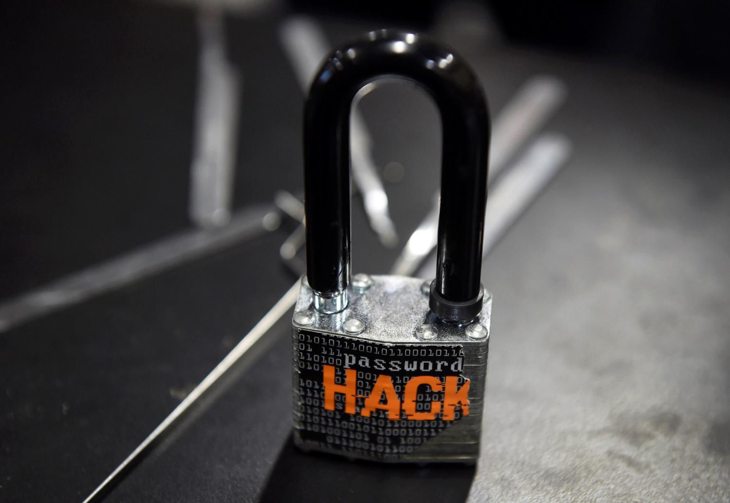 A padlock is displayed at the Alert Logic booth during the 2016 Black Hat cyber-security conference in Las Vegas