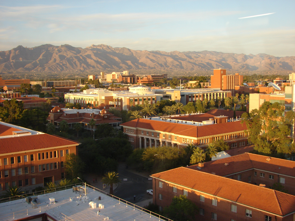 Aerial view of the University of Arizona (Tucson)'s Student Union, Old Main, and Forbes buildings.