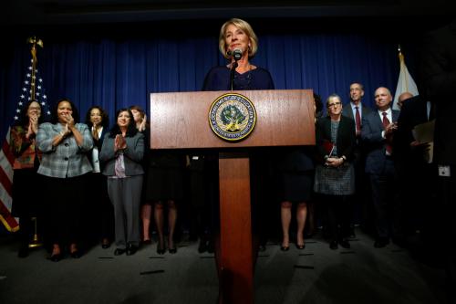U.S. Education Secretary Betsy DeVos addresses Education Department staff on her first day on the job in Washington