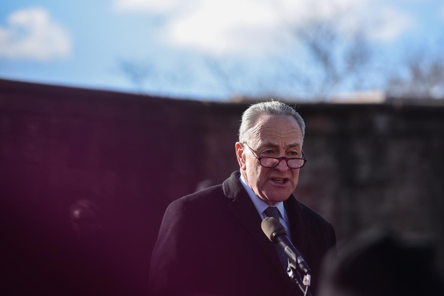 U.S. Senator Chuck Schumer addresses the crowd during a protest against President Donald Trump's travel ban, in New York City, U.S. January 29, 2017. REUTERS/Stephanie Keith - RTSXYPL