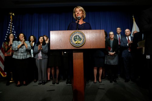 U.S. Education Secretary Betsy DeVos addresses Education Department staff on her first day on the job in Washington, U.S., February 8, 2017. REUTERS/Jonathan Ernst - RTX306ZX