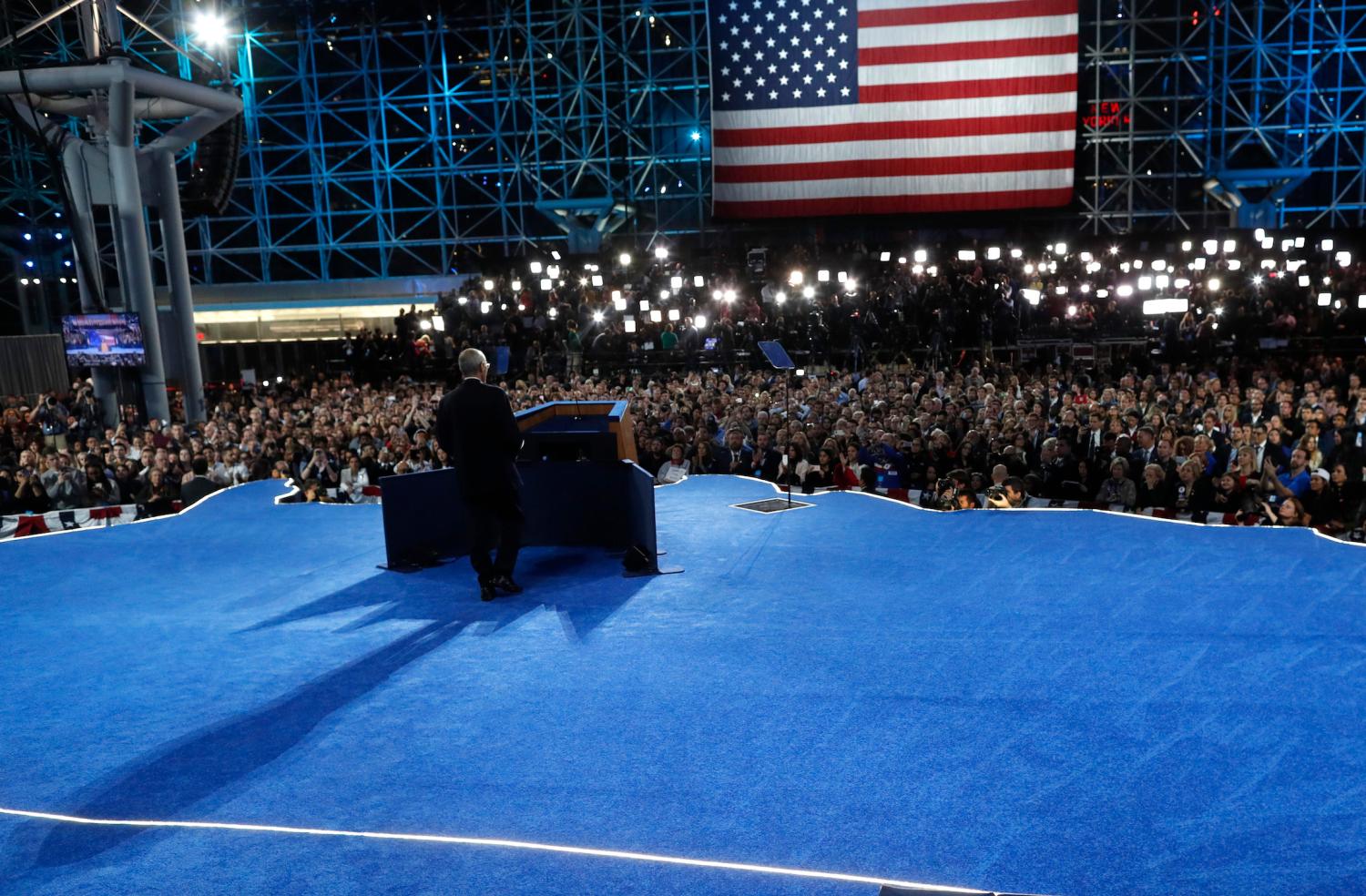 Hillary Clinton's campaign Chairman John Podesta addresses the crowd and tells them to go home at her election night party as results continue to trickle in at Democratic U.S. presidential nominee Clinton's election night rally in New York, New York, November 9, 2016. REUTERS/Jim Bourg - RTX2SP98