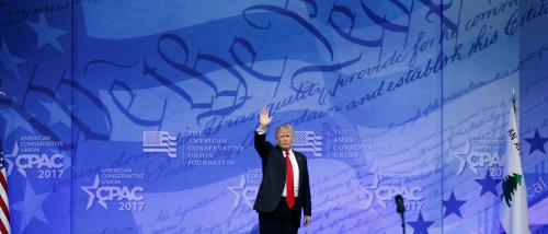 U.S. President Donald Trump waves to supporters after speaking at the Conservative Political Action Conference, or CPAC, in Oxon Hill in Maryland, U.S., February 24, 2017. REUTERS/Kevin Lamarque - RTS106L7