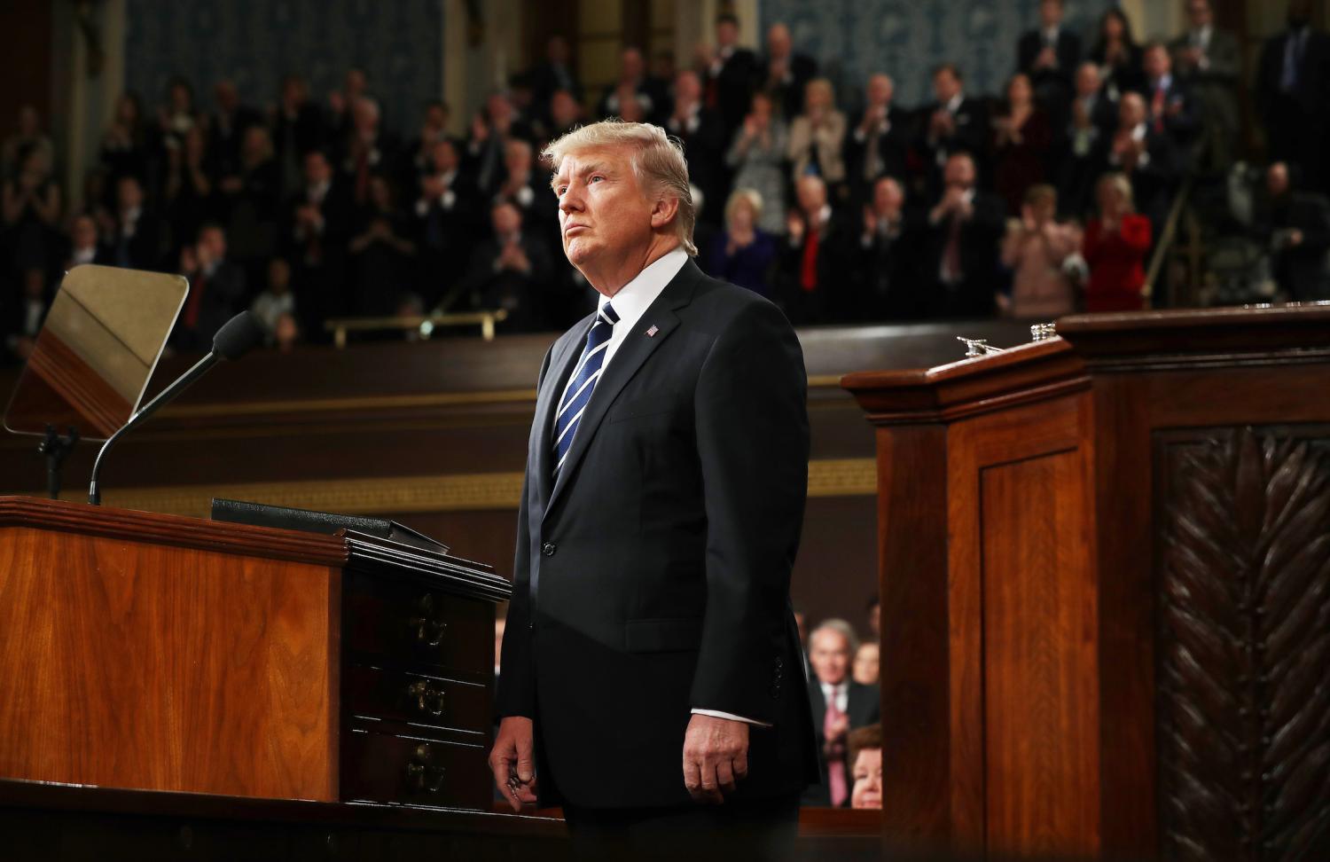 U.S. President Donald Trump delivers his first address to a joint session of Congress from the floor of the House of Representatives iin Washington, U.S., February 28, 2017. REUTERS/Jim Lo Scalzo/Pool - RTS10VRR
