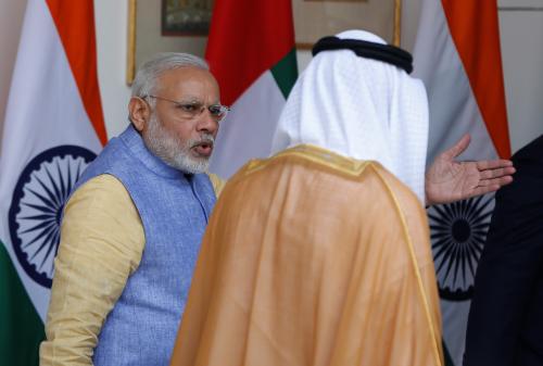 Sheikh Mohammed bin Zayed al-Nahyan, Crown Prince of Abu Dhabi and UAE's deputy commander-in-chief of the armed forces, and India's Prime Minister Narendra Modi (L) arrive for a photo opportunity ahead of their meeting at Hyderabad House in New Delhi, India, January 25, 2017. REUTERS/Adnan Abidi