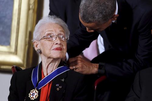 U.S. President Barack Obama presents the Presidential Medal of Freedom to NASA mathematician Katherine G. Johnson