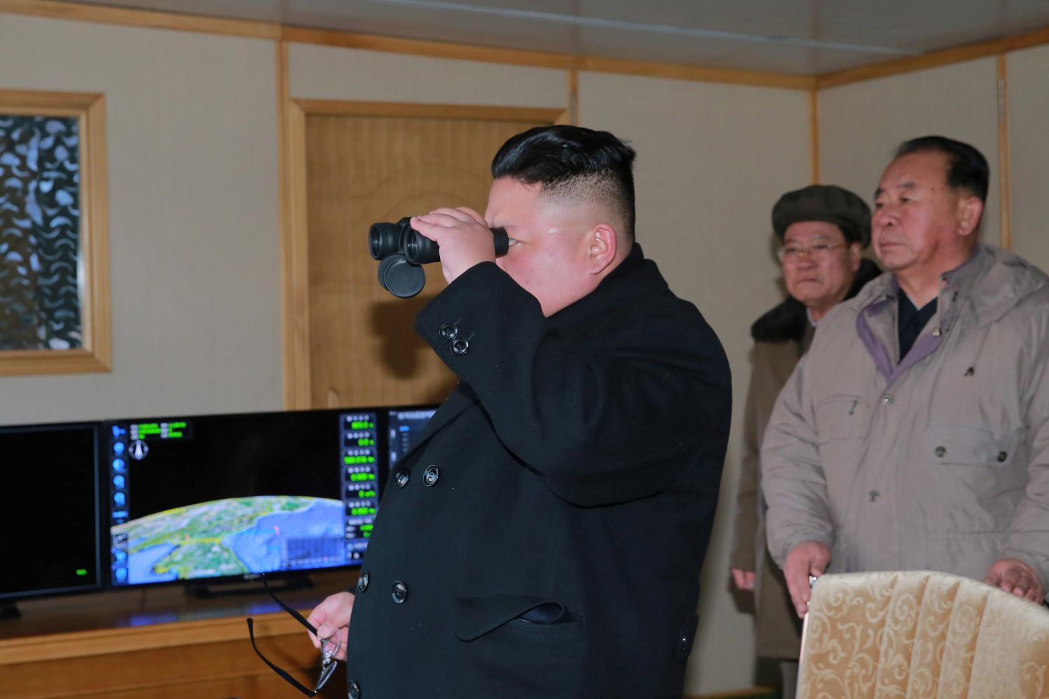 North Korean leader Kim Jong Un guides the test-fire of Pukguksong-2 on the spot, in this undated photo released by North Korea's Korean Central News Agency (KCNA) in Pyongyang February 13, 2017. KCNA/Handout via Reuters ATTENTION EDITORS - THIS PICTURE WAS PROVIDED BY A THIRD PARTY. REUTERS IS UNABLE TO INDEPENDENTLY VERIFY THE AUTHENTICITY, CONTENT, LOCATION OR DATE OF THIS IMAGE. FOR EDITORIAL USE ONLY. NO THIRD PARTY SALES. SOUTH KOREA OUT. THIS PICTURE IS DISTRIBUTED EXACTLY AS RECEIVED BY REUTERS, AS A SERVICE TO CLIENTS. - RTSYDXJ