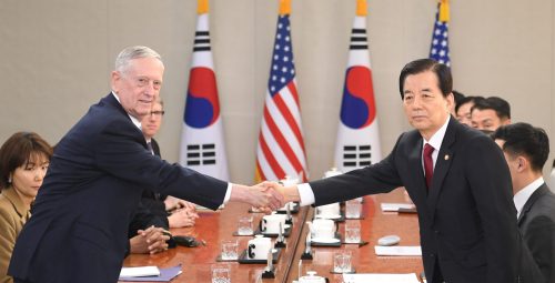 U.S. Defense Secretary Jim Mattis (L) shakes hands with South Korean Defense Minister Han Min-Koo (R) before their meeting at the headquarters of the Defense Ministry in Seoul, South Korea, February 3, 2017. REUTERS/Kim Min-Hee/Pool - RTX2ZFCT
