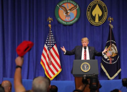 U.S. President Donald Trump speaks to commanders and coalition representatives during a visit to U.S. Central Command and U.S. Special Operations Command at MacDill Air Force Base in Tampa, Florida, U.S., February 6, 2017. REUTERS/Carlos Barria - RTX2ZWCO