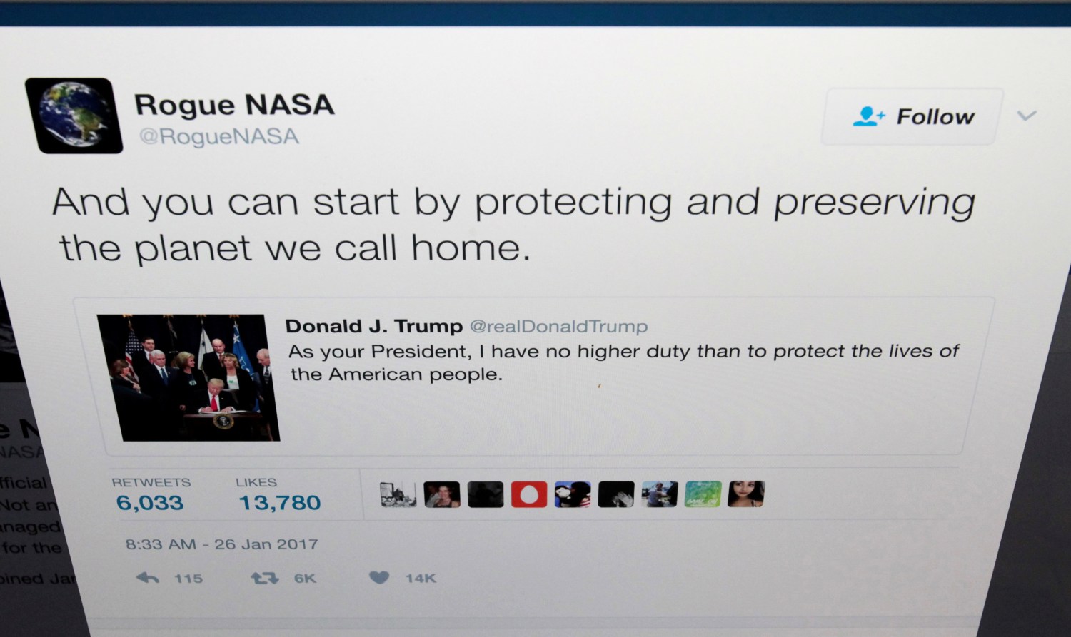 The Twitter account of Rogue NASA is seen replying to a tweet by U.S. President Donald Trump in a photo illustration in Toronto, Ontario, Canada January 26, 2017