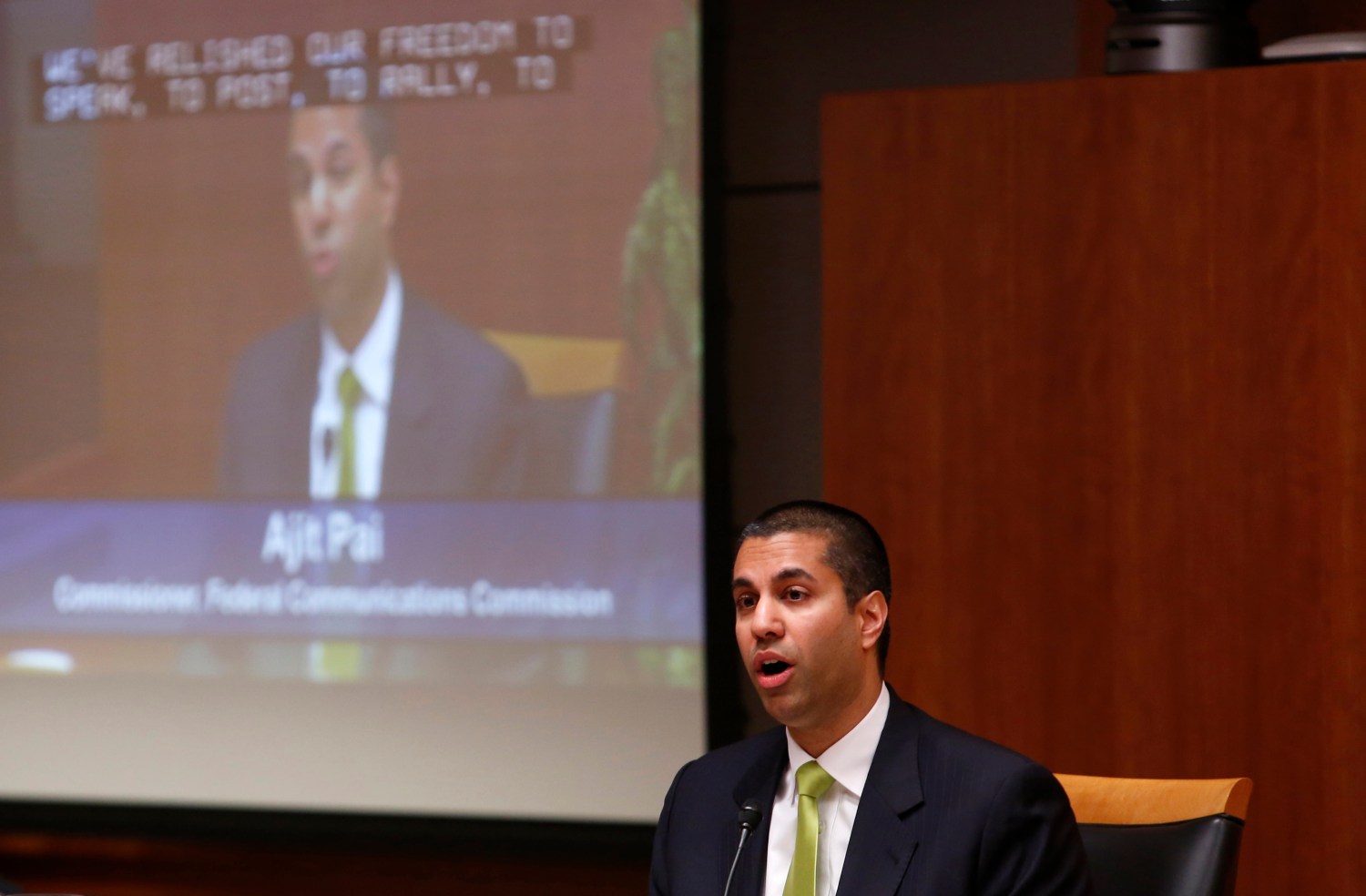 Federal Communications Commission (FCC) commissioner Ajit Pai speaks at a FCC Net Neutrality hearing in Washington February 26, 2015. The FCC is expected Thursday to approve Chairman Tom Wheeler's proposed "net neutrality" rules, regulating broadband providers more heavily than in the past and restricting their power to control download speeds on the web. REUTERS/Yuri Gripas