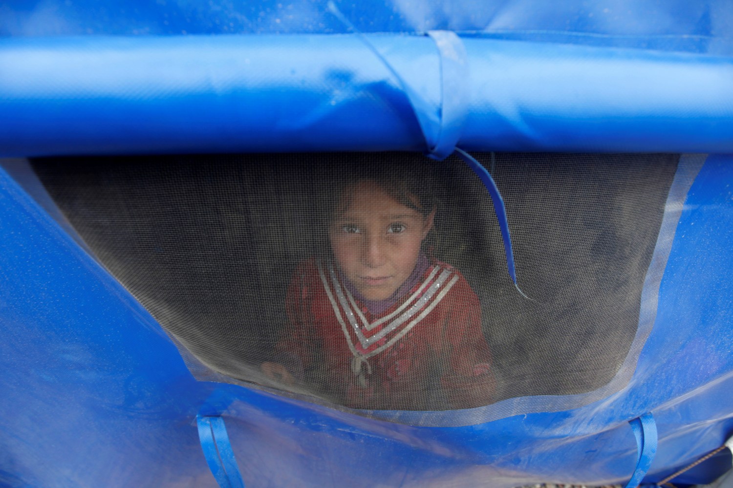 A displaced child who fled her home from al-Mamoun in Mosul, looks through a tent window at a refugee camp, during the battle against Islamic State militants, in Mosul, Iraq, March 2, 2017. REUTERS/Alaa Al-Marjani - RTS116KE