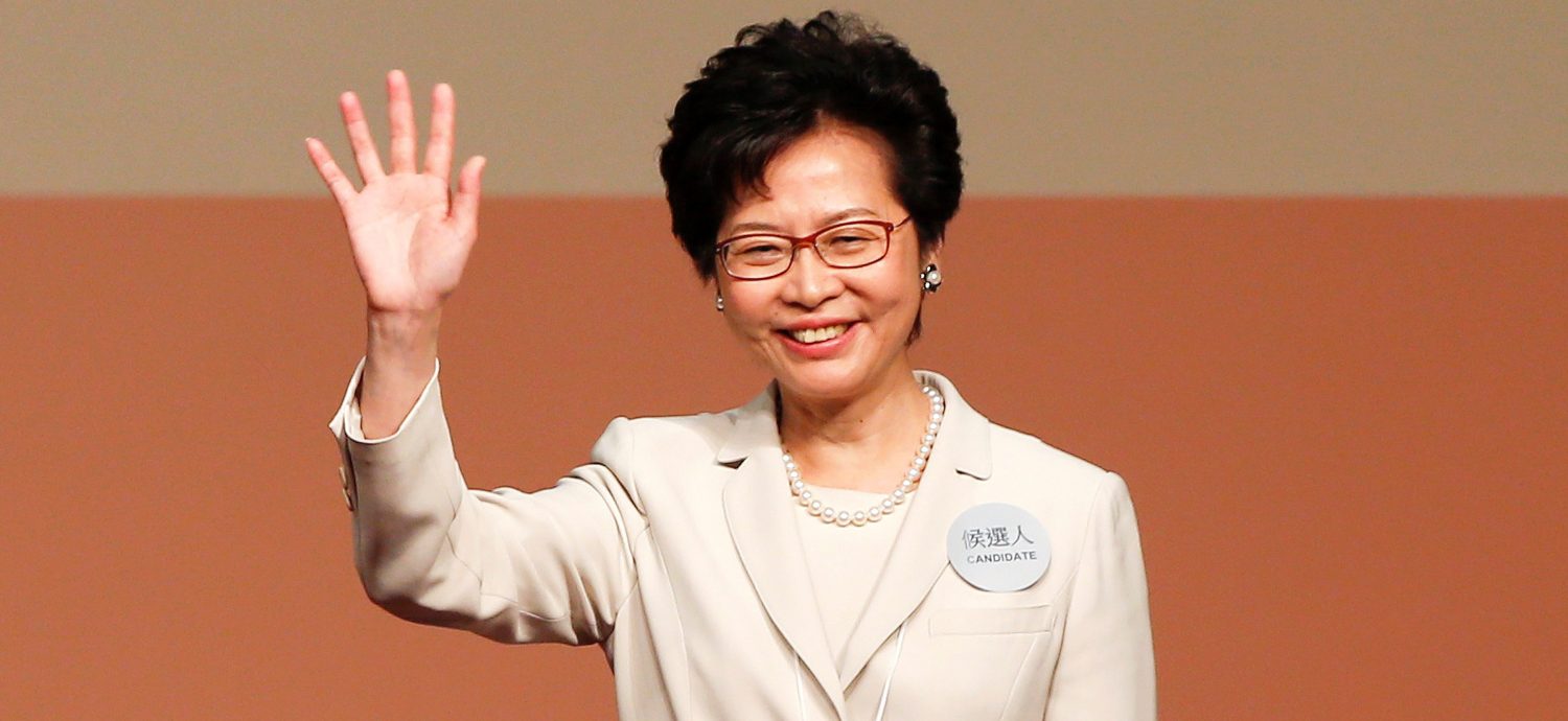 Carrie Lam waves after she won the election for Hong Kong's Chief Executive in Hong Kong, China March 26, 2017. REUTERS/Bobby Yip - RTX32QI9