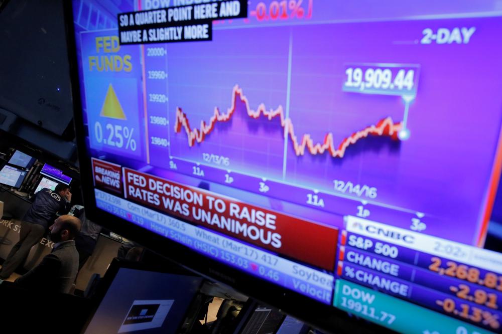 Traders work on the floor of the New York Stock Exchange (NYSE) as a television screen shows news of the announcement that the U.S. Federal Reserve will hike interest rates in New York, U.S., December 14, 2016. REUTERS/Lucas Jackson - RTX2V201