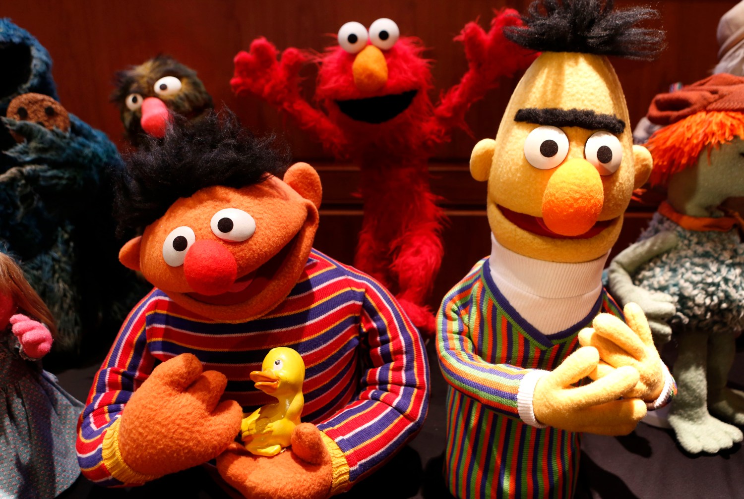 Puppets Ernie (L) and Bert from Sesame Street are seen after they were donated to the National Museum of American History to the Smithsonian's National Museum of American History.
