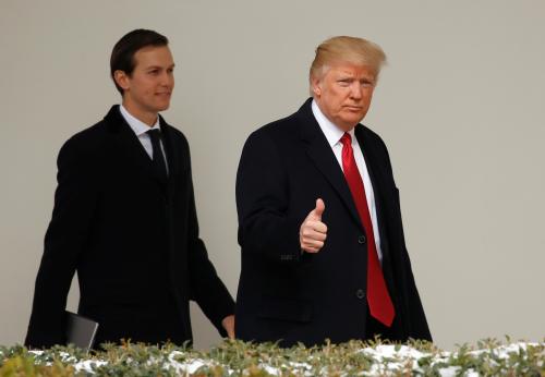 U.S. President Donald Trump gives a thumbs-up as he and White House Senior Advisor Jared Kushner depart the White House in Washington, U.S., March 15, 2017. REUTERS/Kevin Lamarque - RTX315CF
