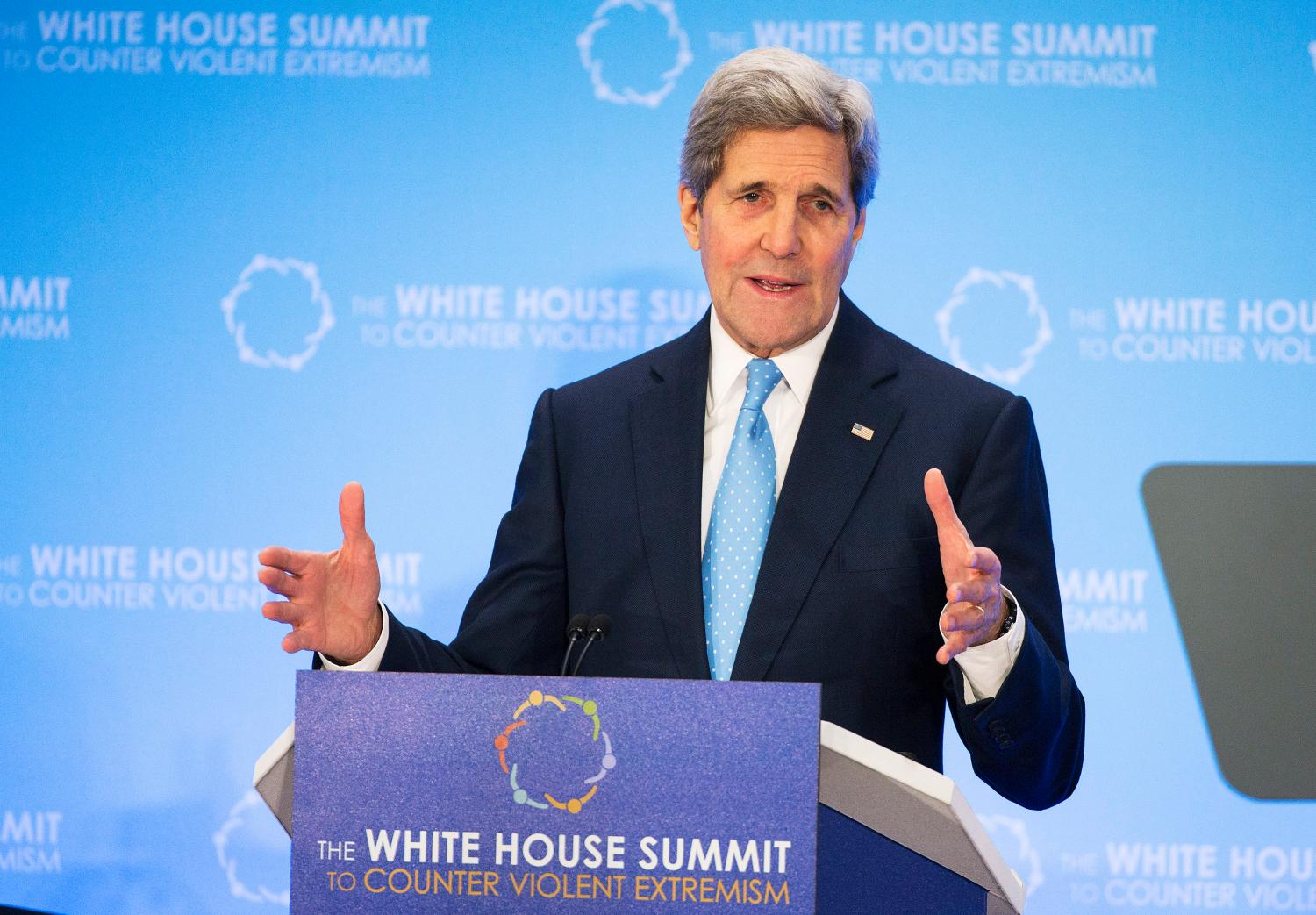 Secretary of State John Kerry participates in the White House Summit on Countering Violent Extremism Foreign Fighter Ministerial at the State Department in Washington February 19, 2015. REUTERS/Joshua Roberts (UNITED STATES - Tags: POLITICS CRIME LAW RELIGION) - RTR4Q92X
