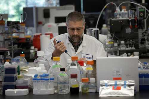 Research scientist Dan Galperin works in the research labaratory at Protein Sciences Inc. where they are working on developing a vaccine for the Zika virus