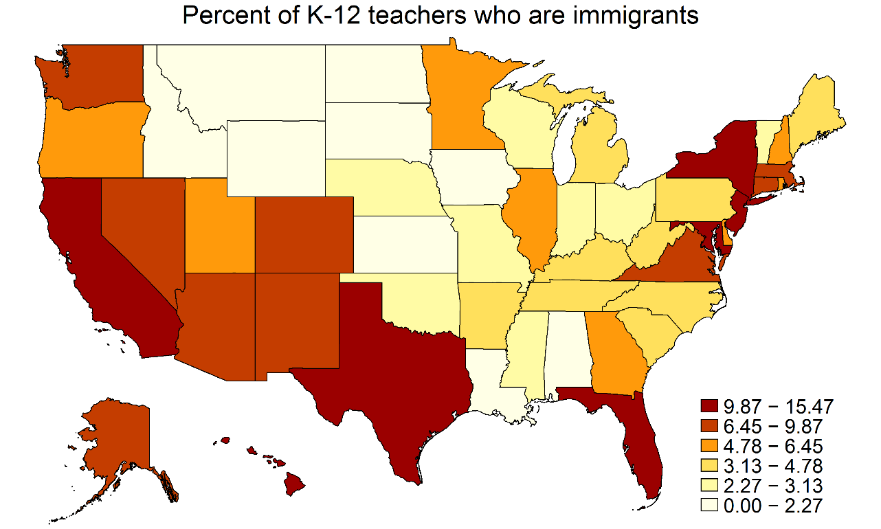 A U.S. map indicating each state's percentage of immigrant teachers. (Source: Dick Startz/IPUMS)