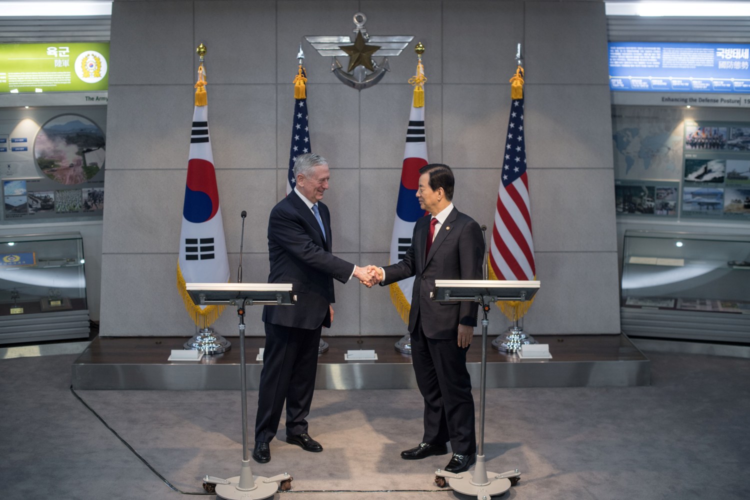James Mattis shakes hands with his South Korean counterpart Han Min-Koo in Seoul