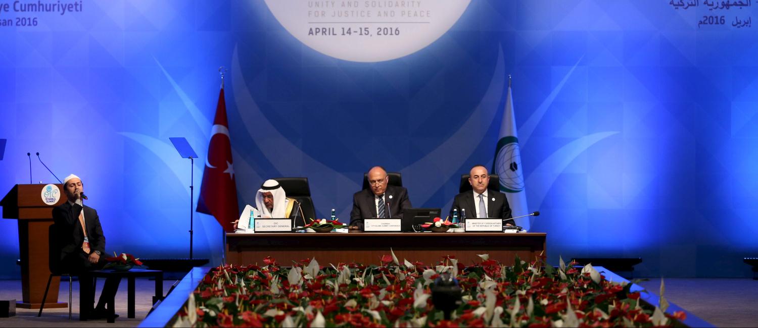 Secretary General of the Organization of Islamic Cooperation (OIC) Iyad bin Amin Madani, Foreign Ministers Sameh Shoukry of Egypt (2nd R) and Mevlut Cavusoglu of Turkey (R) are seen during the opening session of the OIC Istanbul Summit in Istanbul, Turkey April 14, 2016. REUTERS/Sebnem Coskun/Pool - RTX29X4Z