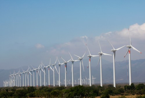 Wind turbines are seen in La Ventosa