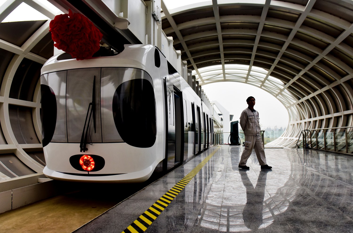 A test line of a new energy suspension railway resembling the giant panda is seen in Chengdu, Sichuan Province, China