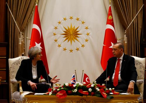 Britain's Prime Minister Theresa May meets with Turkish President Tayyip Erdogan at the Presidential Palace in Ankara, Turkey, January 28, 2017. REUTERS/Umit Bektas