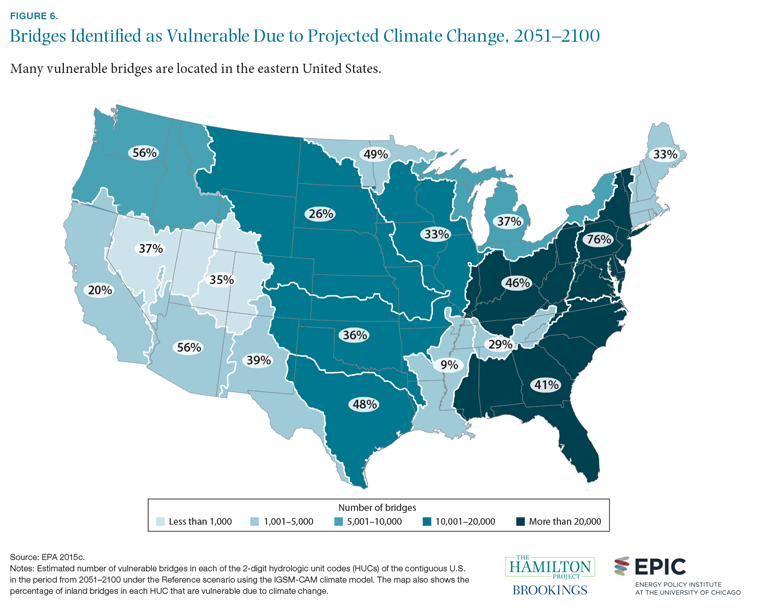 Figure 6. Bridges identified as vulnerable due to projected climate change, 2051-2100