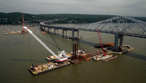 Construction is seen under way on the Tappan Zee Bridge in Tarrytown