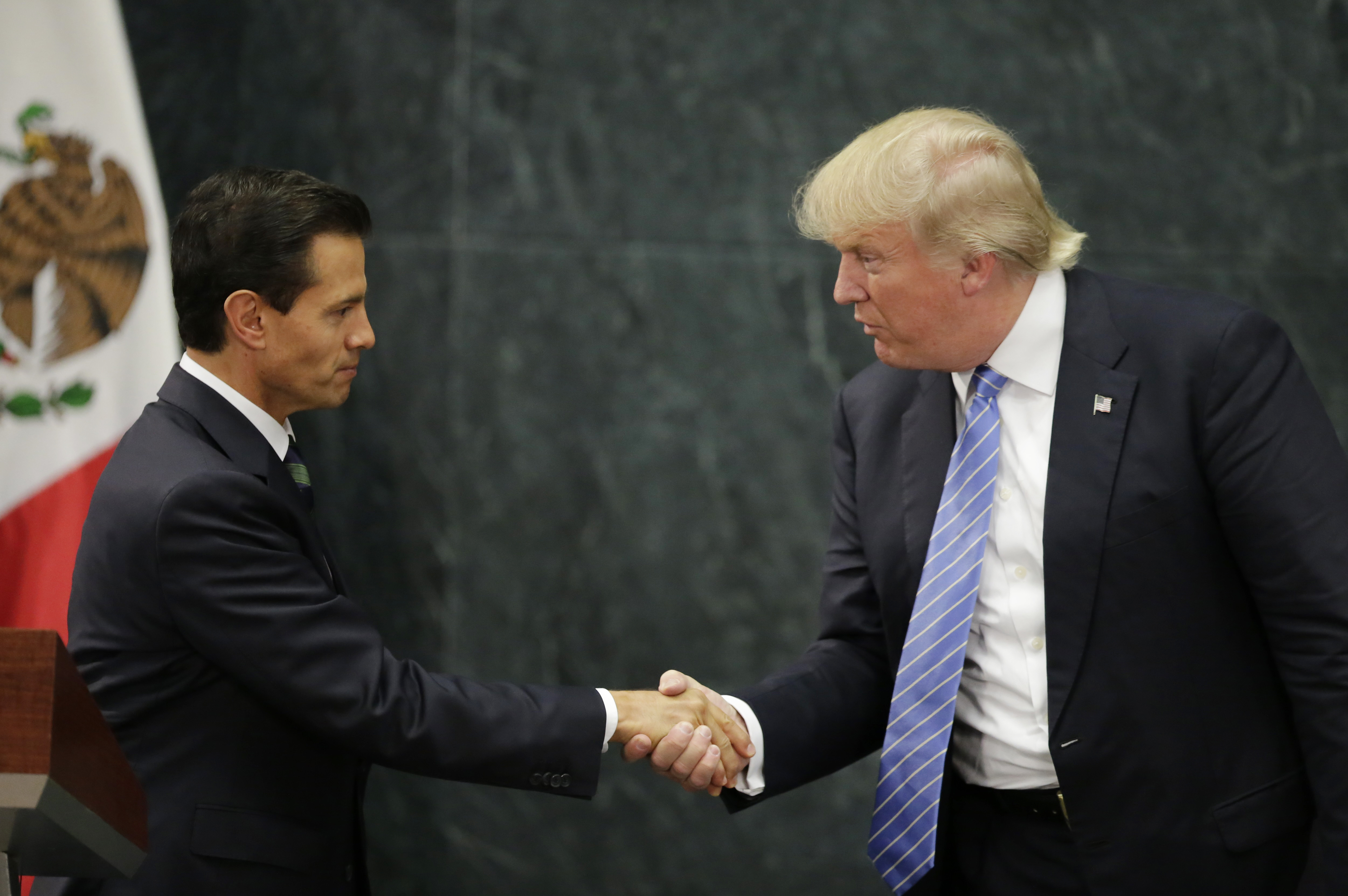 U.S. Republican presidential nominee Donald Trump and Mexico's President Enrique Pena Nieto shake hands at a press conference at the Los Pinos residence in Mexico City, Mexico, August 31, 2016. REUTERS/Henry Romero TPX IMAGES OF THE DAY - RTX2NQRI