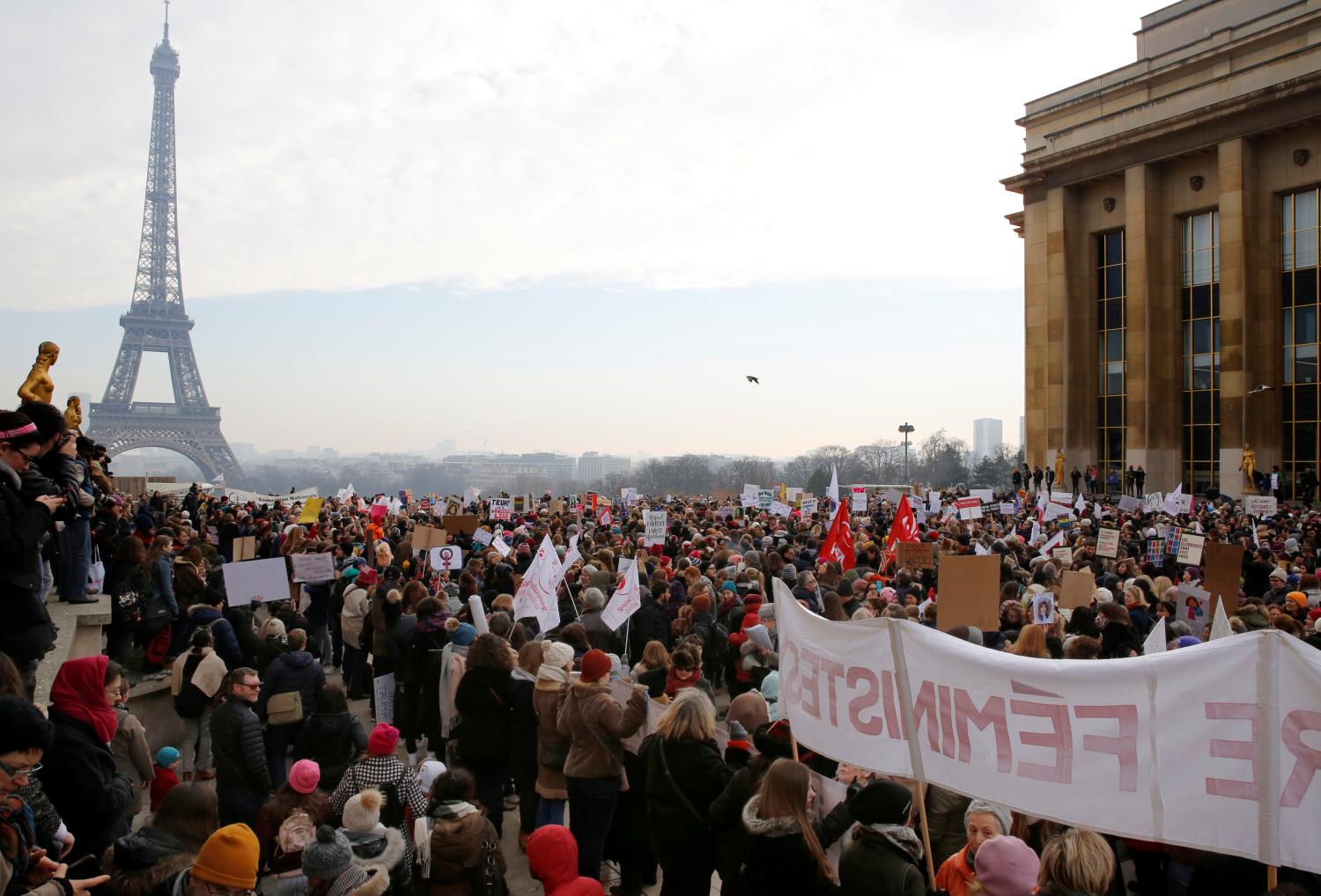 Protesters take part in the Women's March in Paris, France, January 21, 2017. The march formed part of a worldwide day of action following the inauguration of Donald Trump to U.S. President. REUTERS/Jacky Naegelen - RTSWOWO